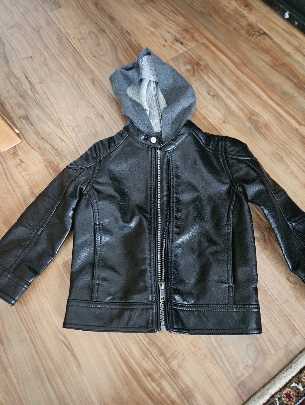 art class Black Faux Leather Jacket with Gray Hood 2t